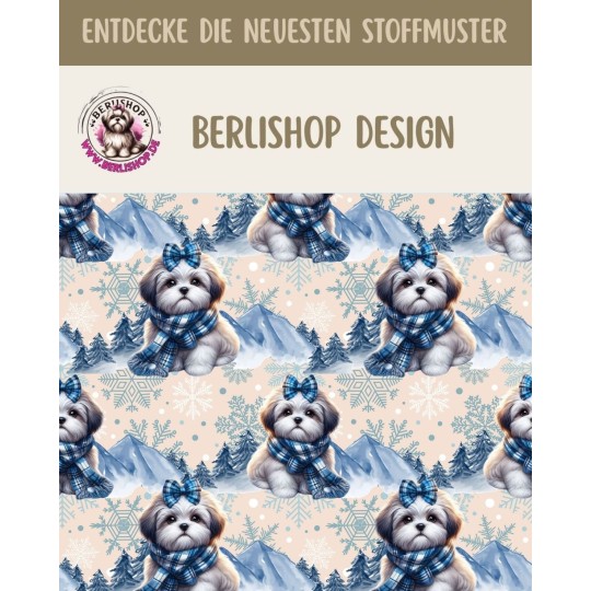 50 cm French Terry Sommersweat Shih Tzu Winter Schnee Blau Beige –145 cm 240 g/m² Eigenproduktion
