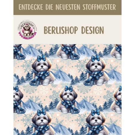50 cm French Terry Sommersweat Shih Tzu Winter Schnee Blau Beige –145 cm 240 g/m² Eigenproduktion