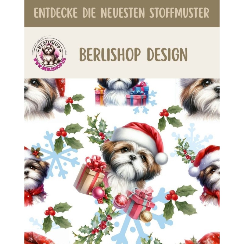50 cm French Terry Sommersweat Shih Tzu Weihnachten Geschenke Weiß Rot Grün –145 cm 240 g/m² Eigenproduktion