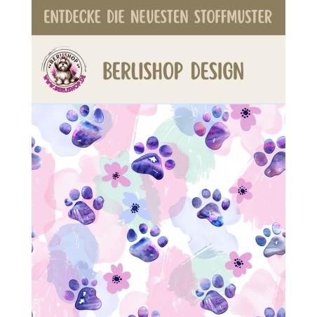 Glattes Minky mit bunten Tiertatzen und Pfoten in Lila, Rosa und Blau auf hellem Hintergrund.