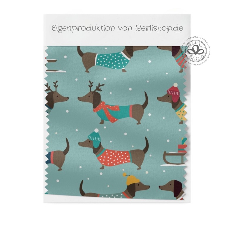 Designer Stoff Vorbestellung Dackel Winter – Hunde Stoff Meterware EP Eigenproduktion Türkis Nähstoff Hundestoff exklusiv