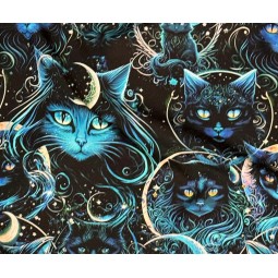 Jersey Stoff -  Mystische Mondlicht Katzen Nachtblau Türkis Digitaldruck Überbreite 180 cm breit