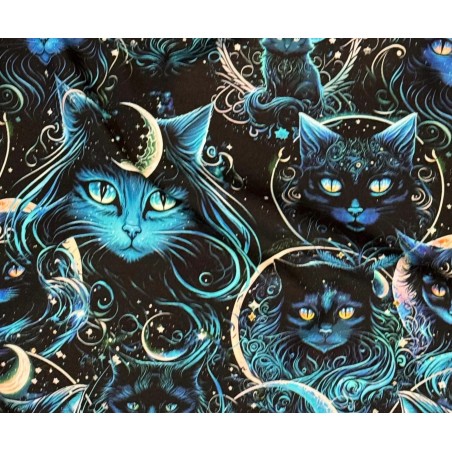 Jersey Stoff -  Mystische Mondlicht Katzen Nachtblau Türkis Digitaldruck Überbreite 180 cm breit