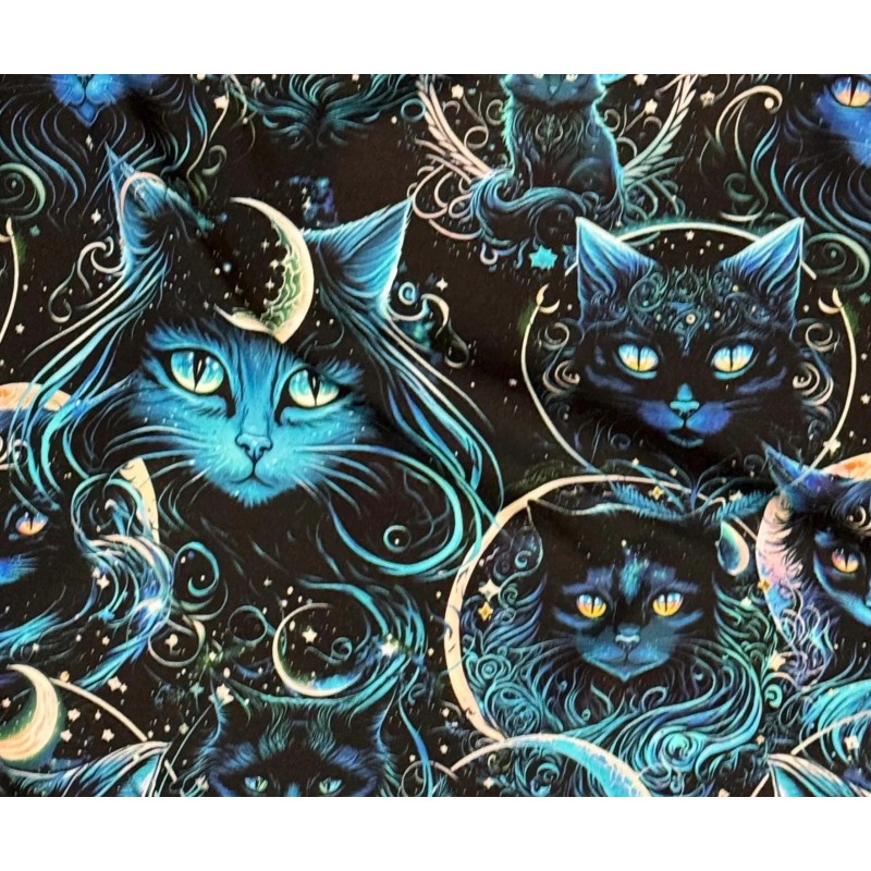 Jersey Mystische Mondlicht Katzen Stoff 180 cm ( Überbreite) – Nachtblau Türkis – 220 g/m² – Deko & Kleidung