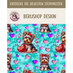 50 cm French Terry Sommersweat Yorkshire Terrier Herzen Love Türkis Rosa Rot–145 cm 240 g/m² Eigenproduktion