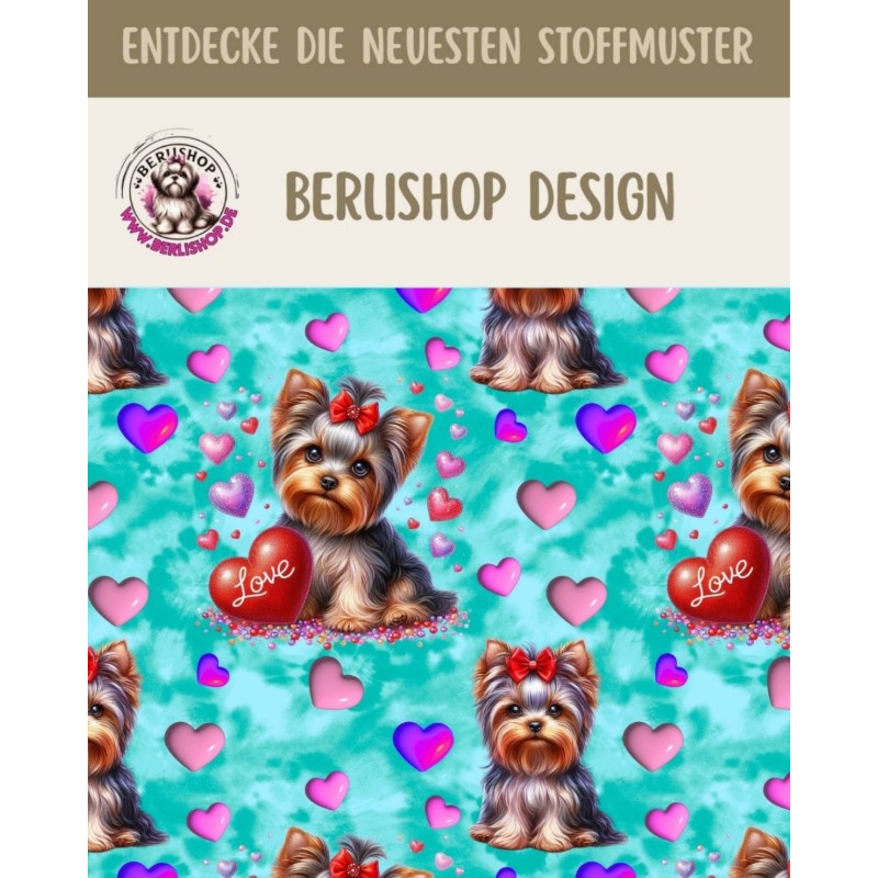 50 cm French Terry Sommersweat Yorkshire Terrier Herzen Love Türkis Rosa Rot–145 cm 240 g/m² Eigenproduktion