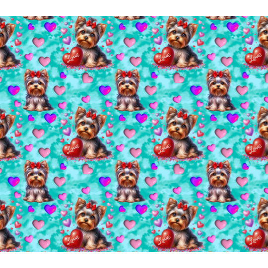 50 cm French Terry Sommersweat Yorkshire Terrier Herzen Love Türkis Rosa Rot–145 cm 240 g/m² Eigenproduktion