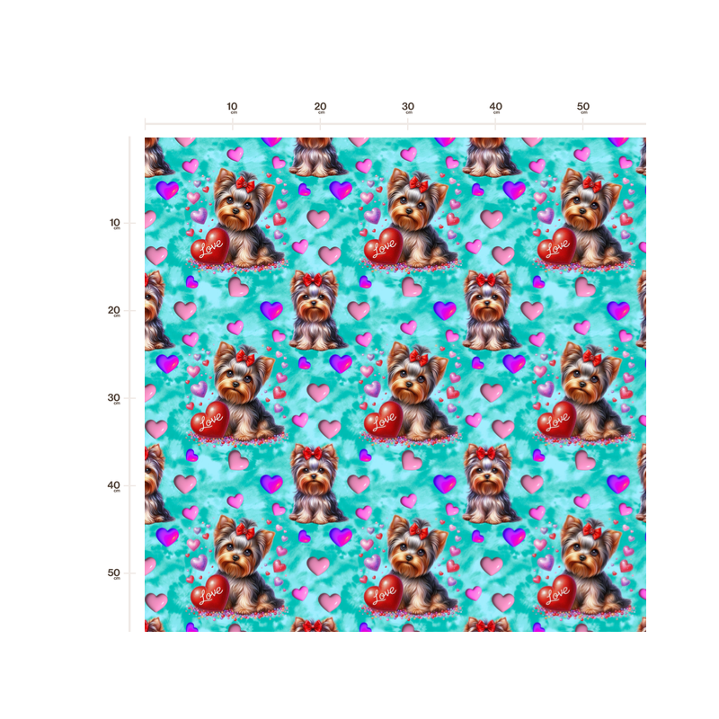 50 cm French Terry Sommersweat Yorkshire Terrier Herzen Love Türkis Rosa Rot–145 cm 240 g/m² Eigenproduktion