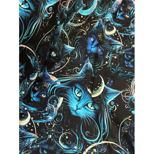 Jersey Mystische Mondlicht Katzen Stoff 180 cm ( Überbreite) – Nachtblau Türkis – 220 g/m² – Deko & Kleidung