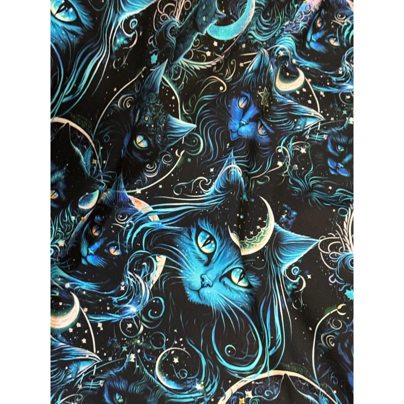 Jersey Mystische Mondlicht Katzen Stoff 180 cm ( Überbreite) – Nachtblau Türkis – 220 g/m² – Deko & Kleidung