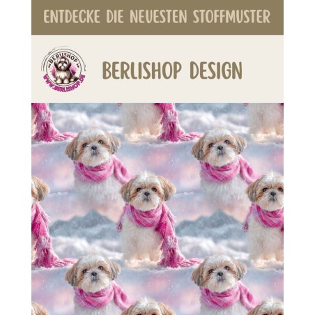 50 cm French Terry Sommersweat Shih Tzu Winter Schnee Rosa Grau – 150 cm – Reaktivdruck – Eigenproduktion