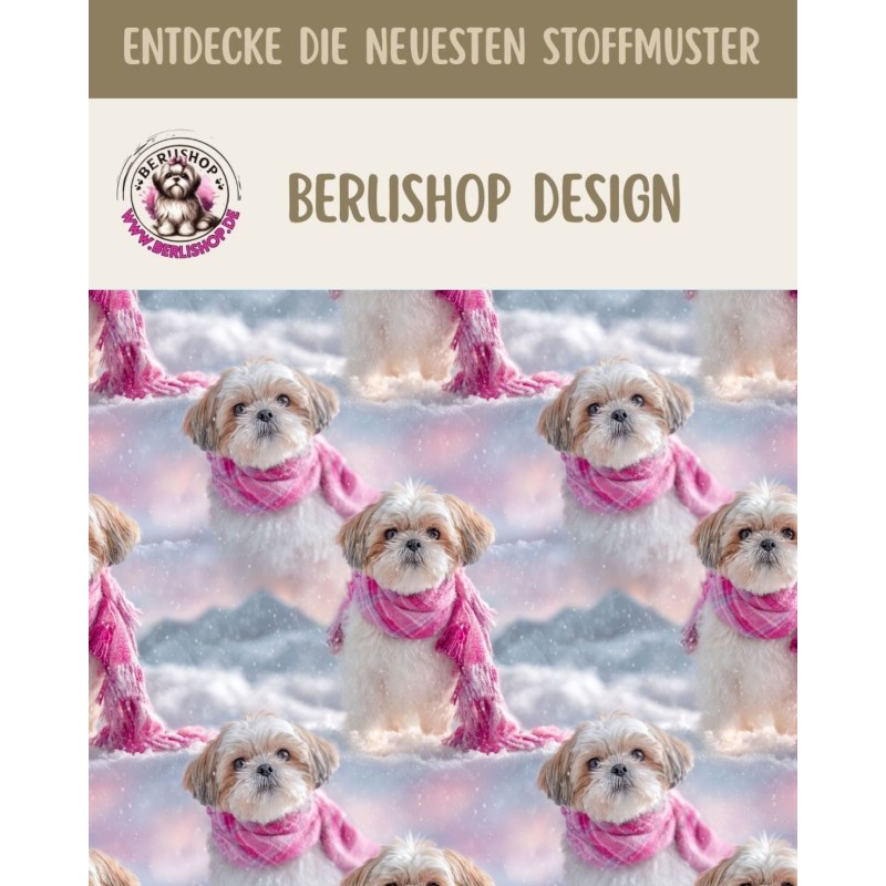 50 cm French Terry Sommersweat Shih Tzu Winter Schnee Rosa Grau – 150 cm – Reaktivdruck – Eigenproduktion