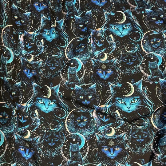 Jersey Stoff -  Mystische Mondlicht Katzen Nachtblau Türkis Digitaldruck Überbreite 180 cm breit