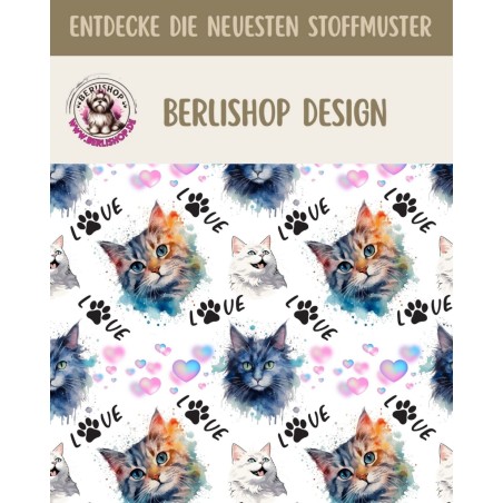 50 cm French Terry Sommersweat Katzen Love Herzen Weiß Bunt –145 cm 240 g/m² Eigenproduktion