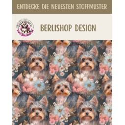 50 cm French Terry Sommersweat  Yorkshire Terrier Blumen Pastell Grau Rosa Blau–145 cm 240 g/m² Eigenproduktion