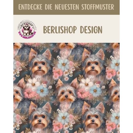 50 cm French Terry Sommersweat  Yorkshire Terrier Blumen Pastell Grau Rosa Blau–145 cm 240 g/m² Eigenproduktion