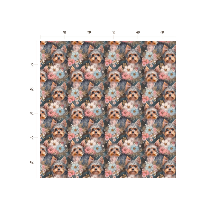 50 cm French Terry Sommersweat  Yorkshire Terrier Blumen Pastell Grau Rosa Blau–145 cm 240 g/m² Eigenproduktion