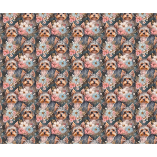 50 cm French Terry Sommersweat  Yorkshire Terrier Blumen Pastell Grau Rosa Blau–145 cm 240 g/m² Eigenproduktion