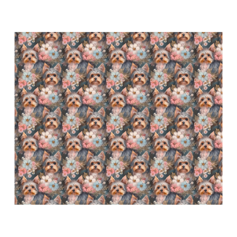 50 cm French Terry Sommersweat  Yorkshire Terrier Blumen Pastell Grau Rosa Blau–145 cm 240 g/m² Eigenproduktion