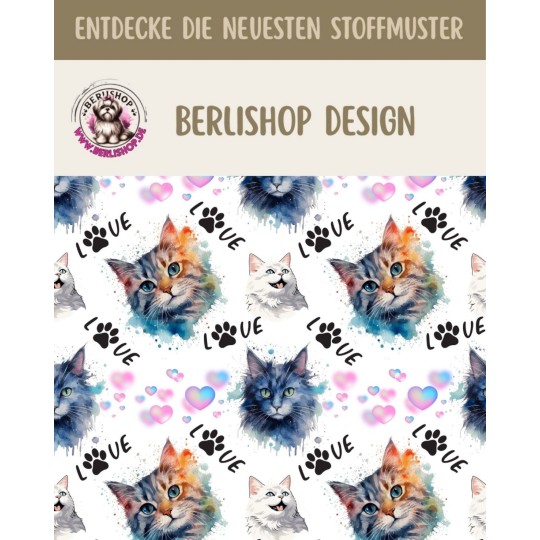 50 cm Oxford wasserfester Stoff Katzen Love Herzen Weiß Bunt–210 g/m –150 cm Meterware