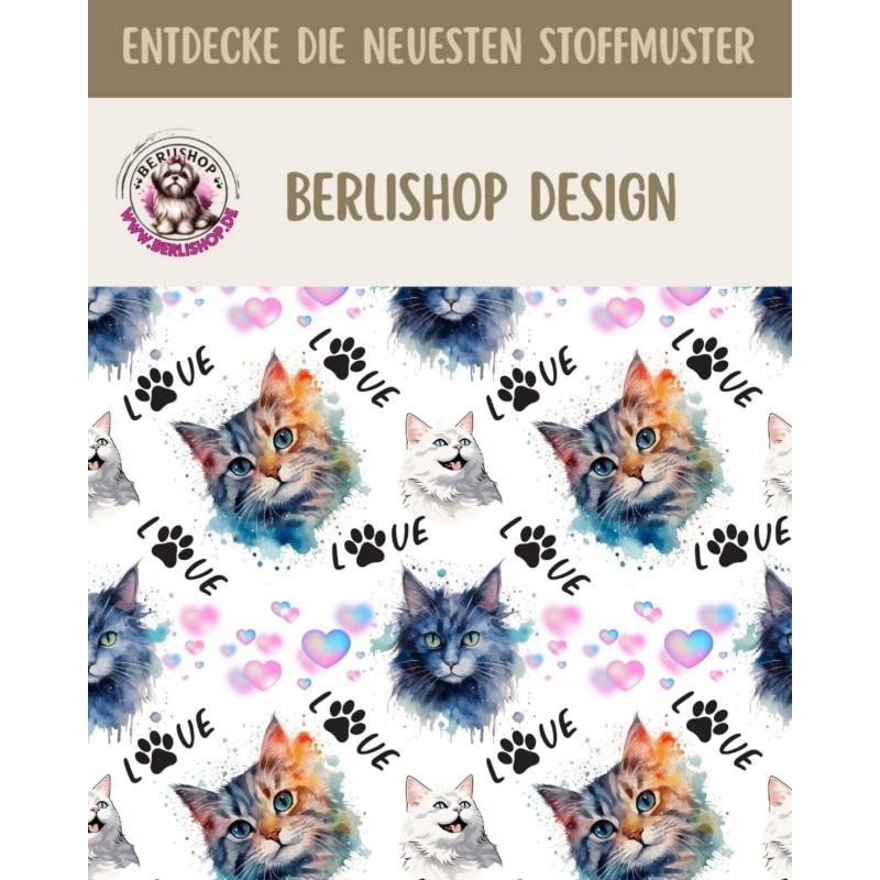 50 cm Oxford wasserfester Stoff Katzen Love Herzen Weiß Bunt–210 g/m –150 cm Meterware