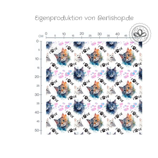 50 cm Oxford wasserfester Stoff Katzen Love Herzen Weiß Bunt–210 g/m –150 cm Meterware