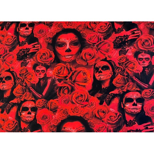 Jersey Stoff - Día de los Muertos Skull Rosen Gothic Rot Schwarz  Digitaldruck Überbreite 180 cm breit
