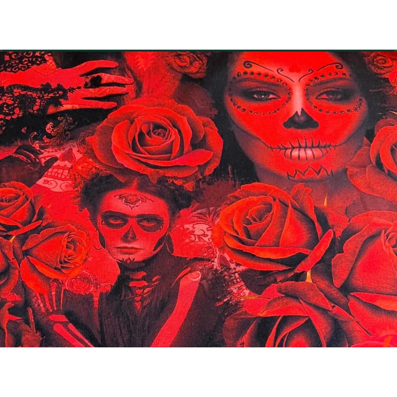 Jersey Día de los Muertos Stoff 180 cm ( Überbreite) – Skull,Rosen, Gothic, Rot, Schwarz – 220 g/m² – Deko & Kleidung