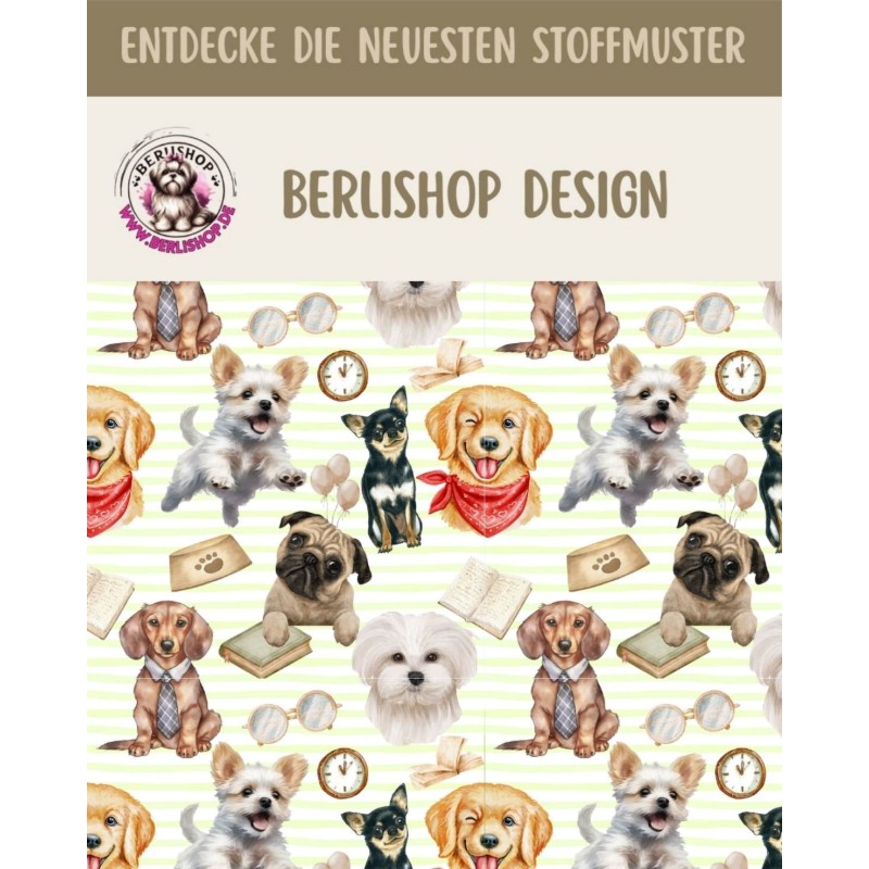 50 cm Oxford wasserfester Stoff Hunde Bücher Brille Grün Beige Bunt –210 g/m –150 cm Meterware
