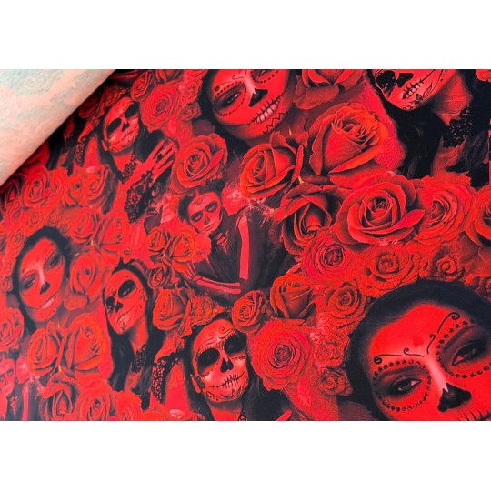 Jersey Stoff - Día de los Muertos Skull Rosen Gothic Rot Schwarz  Digitaldruck Überbreite 180 cm breit