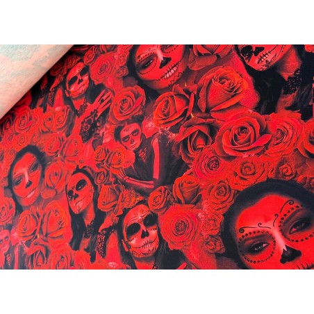 Jersey Stoff - Día de los Muertos Skull Rosen Gothic Rot Schwarz  Digitaldruck Überbreite 180 cm breit