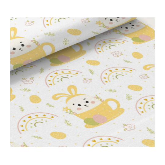 50 cm Oxford wasserfester Stoff Ostern Hasen Regenbogen Gelb Weiß Pastell –210 g/m –150 cm Meterware