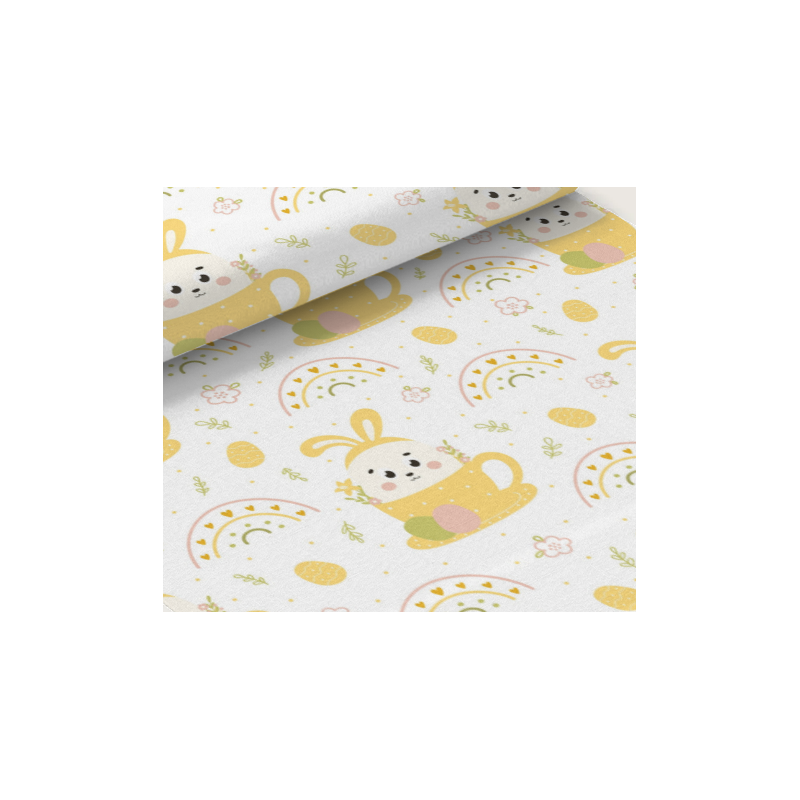 50 cm Oxford wasserfester Stoff Ostern Hasen Regenbogen Gelb Weiß Pastell –210 g/m –150 cm Meterware