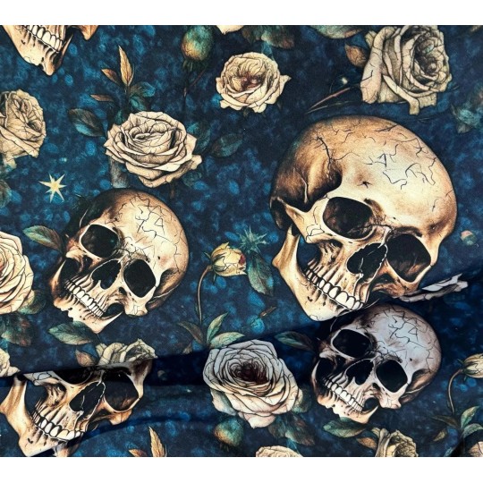 Jersey Stoff - Gothic Roses Skull  Mystic Blue Petrol Digitaldruck Überbreite 180 cm breit