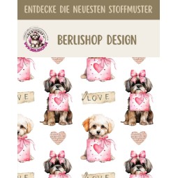 50 cm French Terry Sommersweat Shih Tzu Love Herzen Rosa Weiß–145 cm 240 g/m² Eigenproduktion