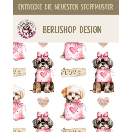 50 cm French Terry Sommersweat Shih Tzu Love Herzen Rosa Weiß–145 cm 240 g/m² Eigenproduktion