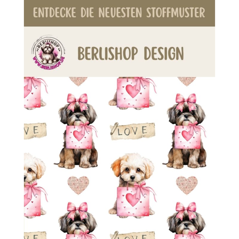 50 cm French Terry Sommersweat Shih Tzu Love Herzen Rosa Weiß–145 cm 240 g/m² Eigenproduktion