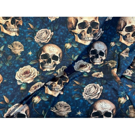 Jersey Gothic Stoff 180 cm ( Überbreite) – Roses, Skull , Mystic, Blue, Petrol – 220 g/m² – Deko & Kleidung