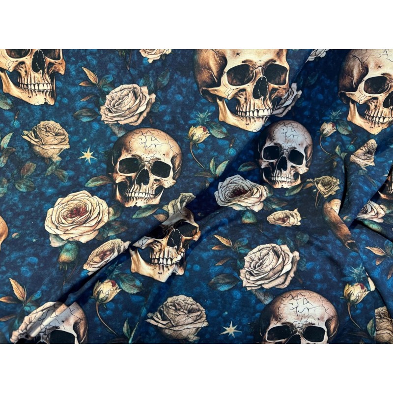 Jersey Gothic Stoff 180 cm ( Überbreite) – Roses, Skull , Mystic, Blue, Petrol – 220 g/m² – Deko & Kleidung