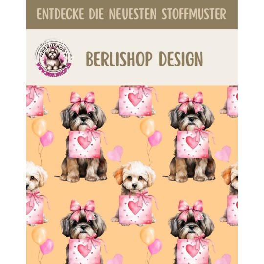 50 cm French Terry Sommersweat Shih Tzu Herzen Ballons Beige Rosa–145 cm 240 g/m² Eigenproduktion