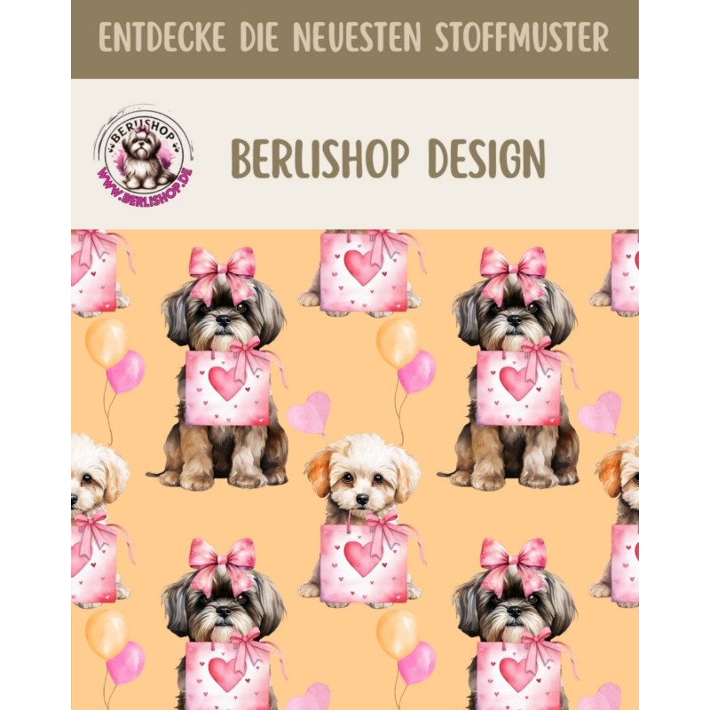 50 cm French Terry Sommersweat Shih Tzu Herzen Ballons Beige Rosa–145 cm 240 g/m² Eigenproduktion