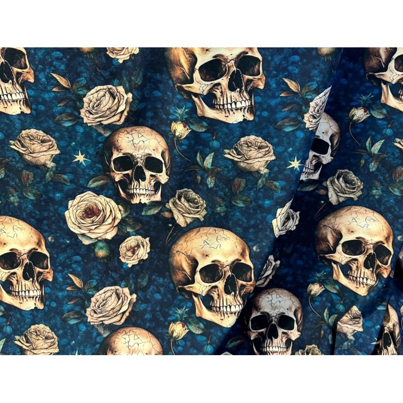 Jersey Gothic Stoff 180 cm ( Überbreite) – Roses, Skull , Mystic, Blue, Petrol – 220 g/m² – Deko & Kleidung