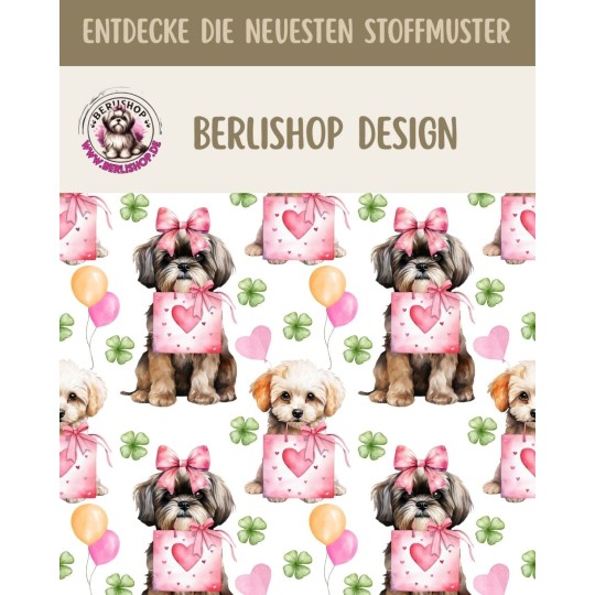 50 cm French Terry Sommersweat Shih Tzu Herzen Kleeblätter Weiß Rosa Grün–145 cm 240 g/m² Eigenproduktion