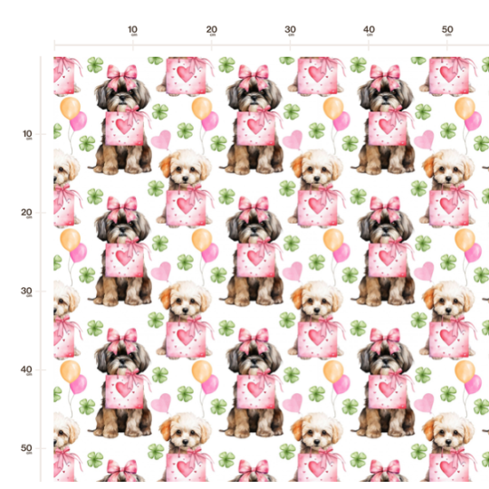 50 cm French Terry Sommersweat Shih Tzu Herzen Kleeblätter Weiß Rosa Grün–145 cm 240 g/m² Eigenproduktion