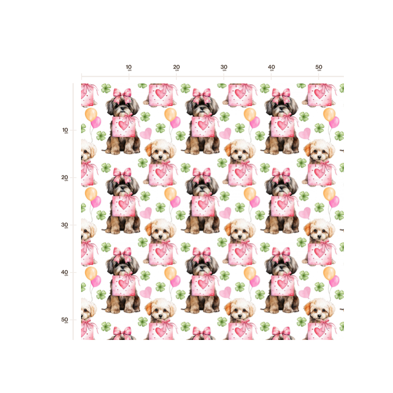 50 cm French Terry Sommersweat Shih Tzu Herzen Kleeblätter Weiß Rosa Grün–145 cm 240 g/m² Eigenproduktion