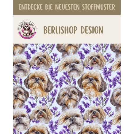 50 cm French Terry Sommersweat Shih Tzu Lavendel Blumen Weiß Lila–145 cm 240 g/m² Eigenproduktion