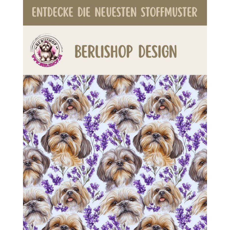 50 cm French Terry Sommersweat Shih Tzu Lavendel Blumen Weiß Lila–145 cm 240 g/m² Eigenproduktion