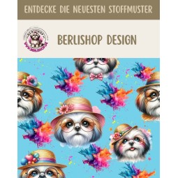 50 cm French Terry Sommersweat Shih Tzu Brille Hut Bunt Türkis –145 cm 240 g/m² Eigenproduktion