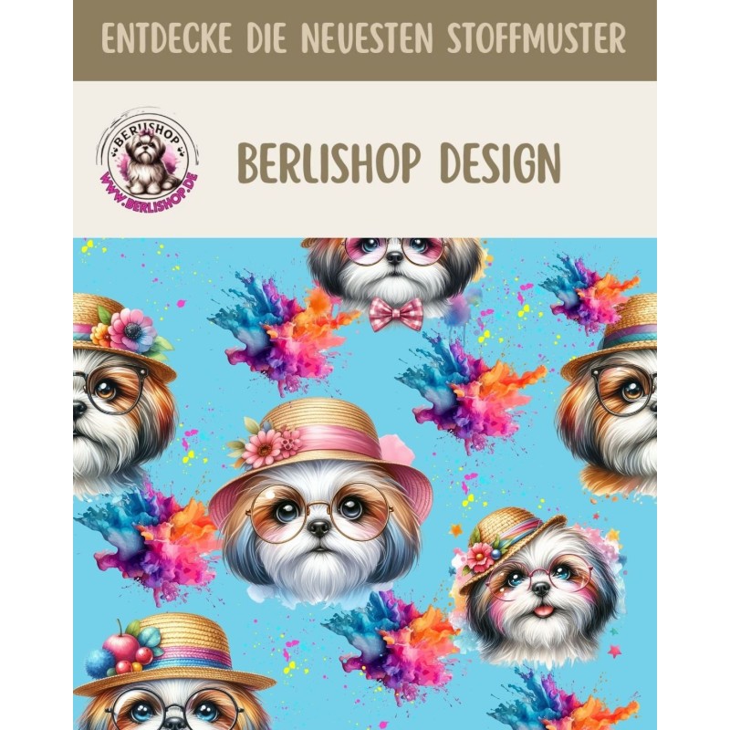 50 cm French Terry Sommersweat Shih Tzu Brille Hut Bunt Türkis –145 cm 240 g/m² Eigenproduktion