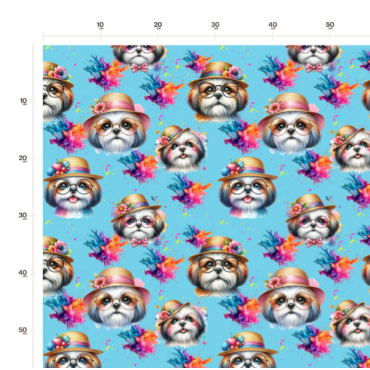 50 cm French Terry Sommersweat Shih Tzu Brille Hut Bunt Türkis –145 cm 240 g/m² Eigenproduktion
